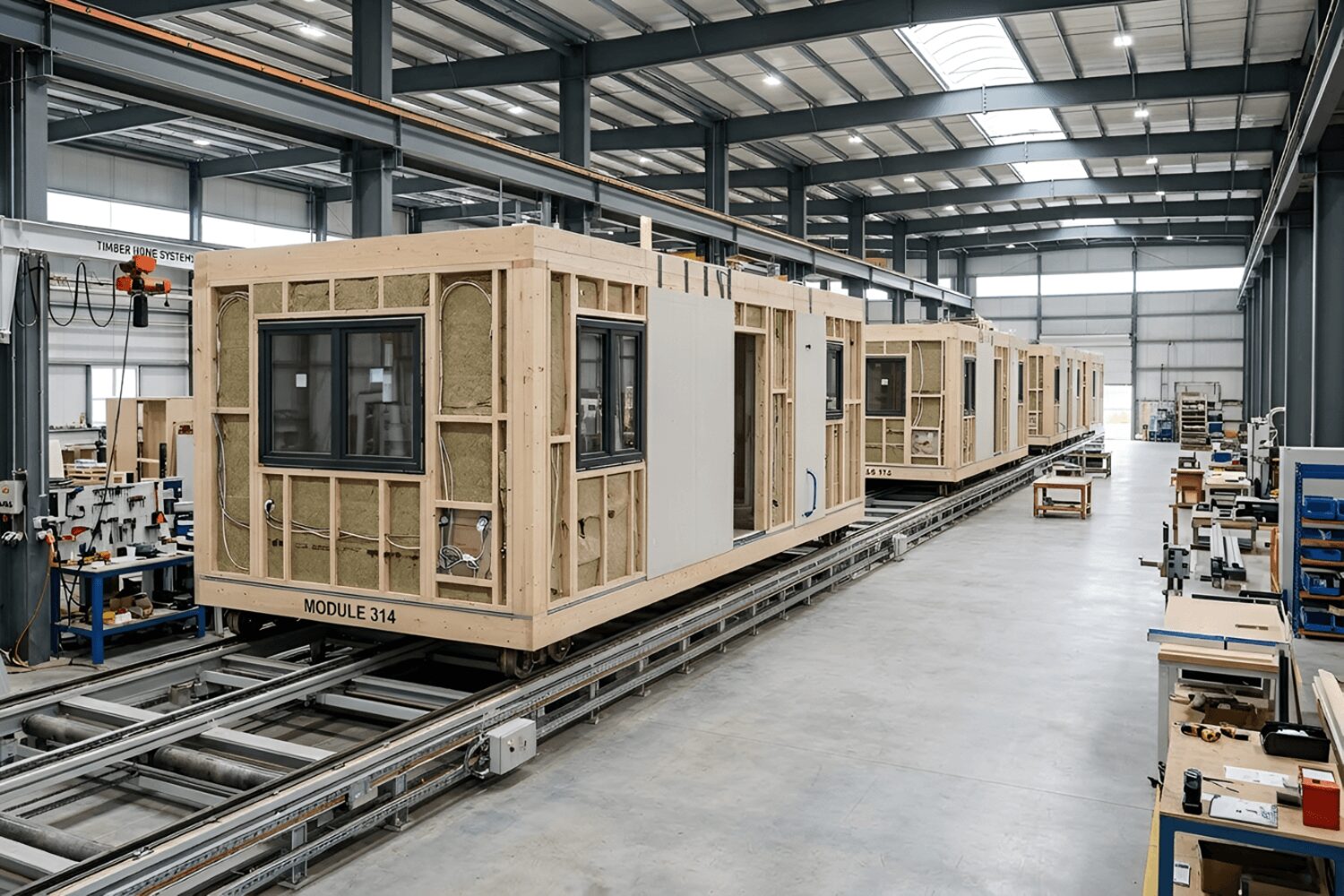 Factory-built modular home units in production