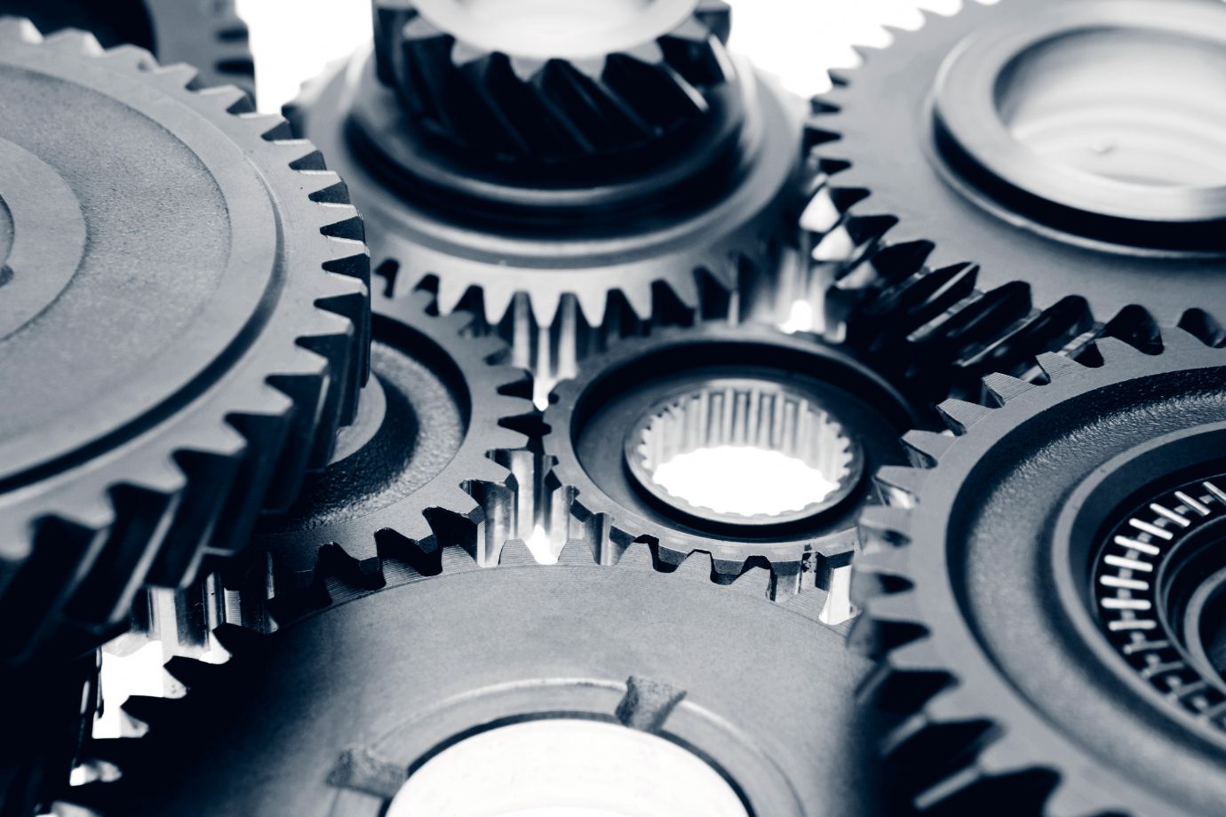 Close-up of interlocking manufacturing gears